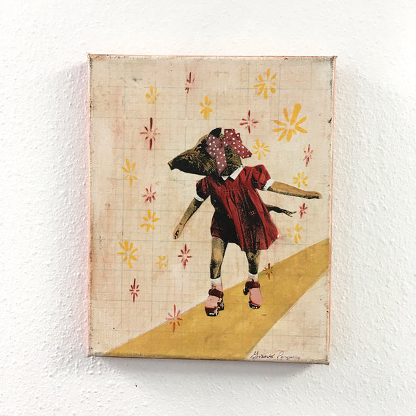 Rollerskate Boar Painting, Original Animal Gift, Collage Wall Art, Mixed Media Animal Art, Vintage Sunset Painting, Weird Art on Canvas, Pergamo Paper Goods