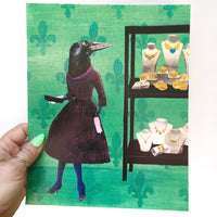 Crow Art Print, Vintage Blackbird with Jewels, Kitschy Retro Fashion Housewarming Gift, Weird Art, Kitsch Decor Gifts, Collage Illustration