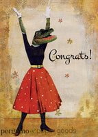 Alligator illustration. Alligator in red skirt. Congratulations alligator. Pergamo Paper Goods