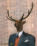 Mixed media deer portrait. Dressed up deer, deer wearing a suit. Mixed media animal art. Retro animals in clothes. Retro Art for Animal Lovers-  Art for Men - Dapper Buck Art Print