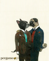 Collage of Boston Terrier and Pug Wearing Suits, kissing. Vintage Look. Gay Art for Animal Lovers - Pug and Boston Terrier Kissing Art Print by Pergamo Paper Goods