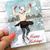 Ice Skating Pig Holiday Card or Card Set