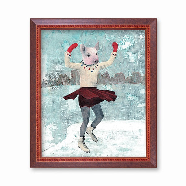 Pig Art - Ice Skating Pig Gift - Weird Vintage Inspired Gifts by Pergamo Paper Goods